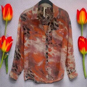 Bellatrix Orange Purple and Ivory Sheer Long Sleeve Buttondown Blouse Size S